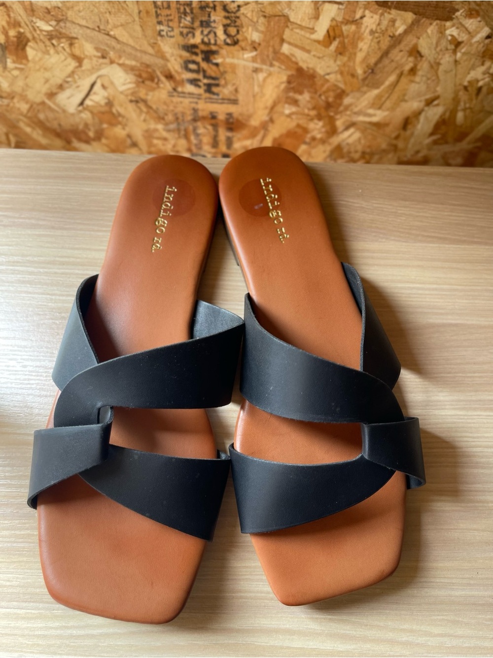 Indigo Black Strap Brown Footbed Slide Sandals